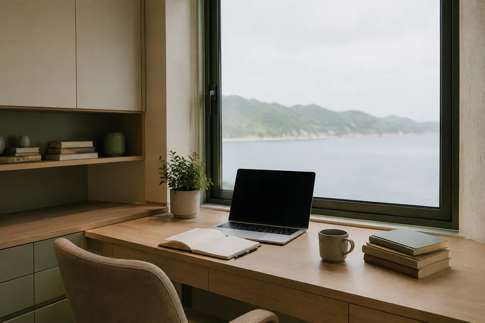 A coastal home workspace with a warm oak desk, books, coffee and an open laptop with its screen off
