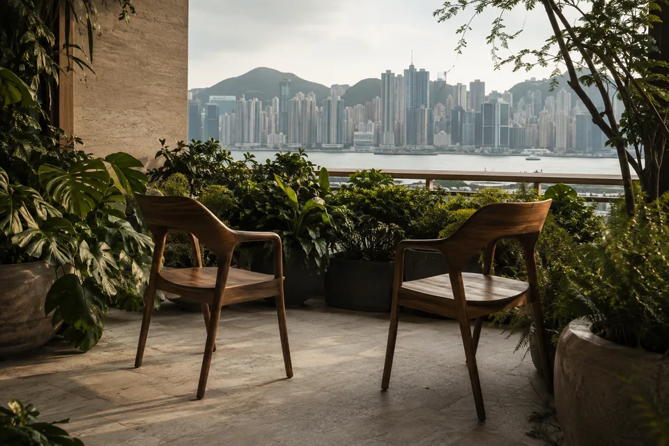 Illustrative planted Hong Kong balcony with two chairs facing the harbour