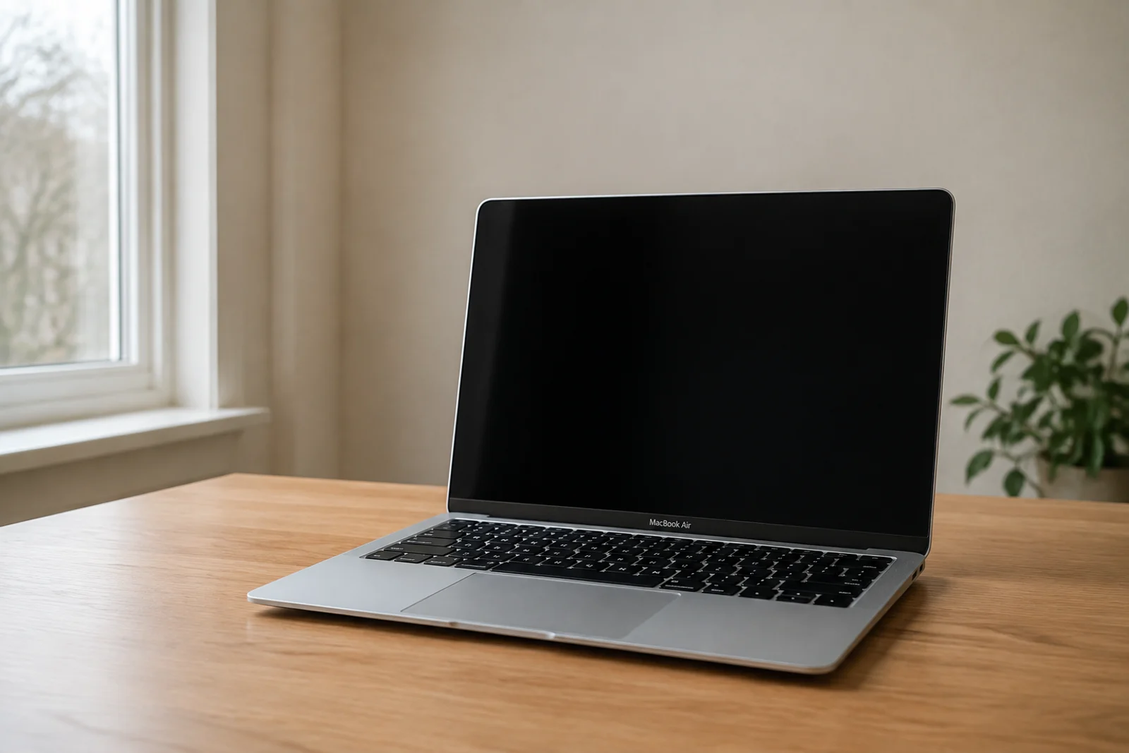 Laptop open on a wooden desk beside a notebook, in soft daylight