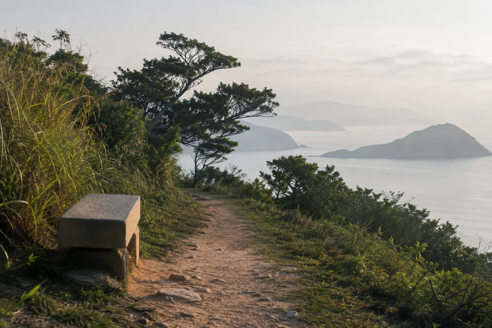 Coastal footpath with a stone bench above the sea at first light