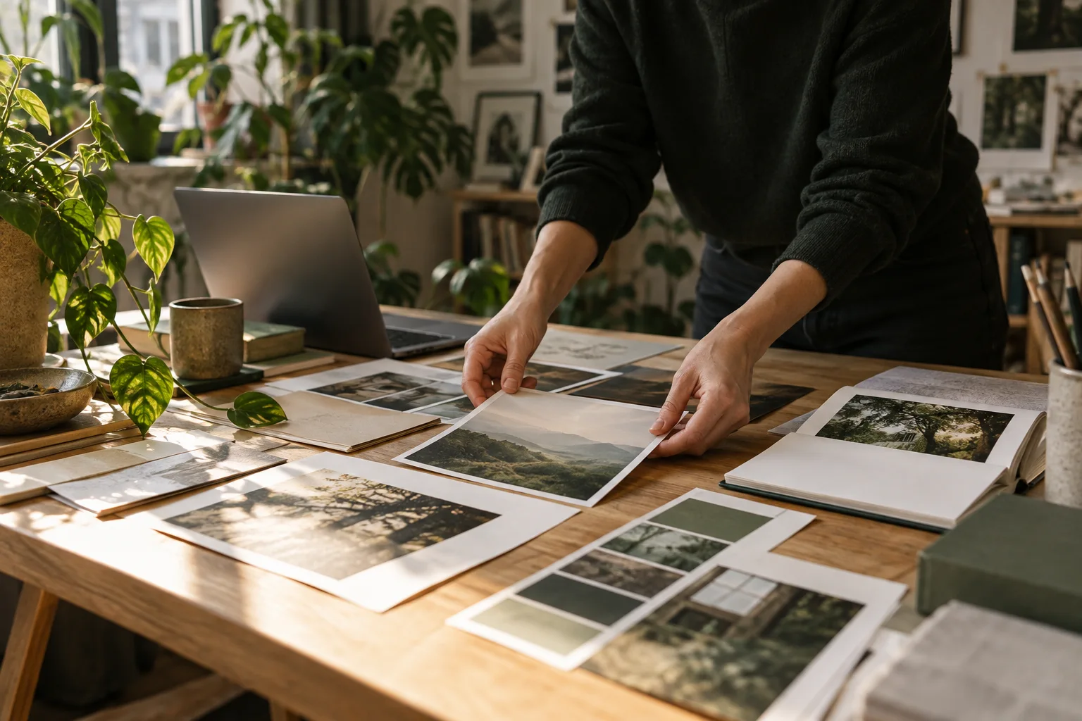 Illustrative editorial desk with hands arranging printed photographs and a book layout beside a laptop