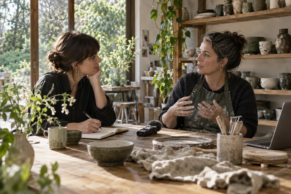 Illustrative scene of a writer interviewing a ceramic artisan in a naturally lit workshop