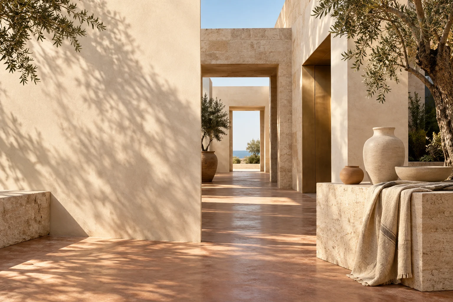 Patio mediterráneo con piedra clara, sombras de olivo y piezas de cerámica sobre un pedestal