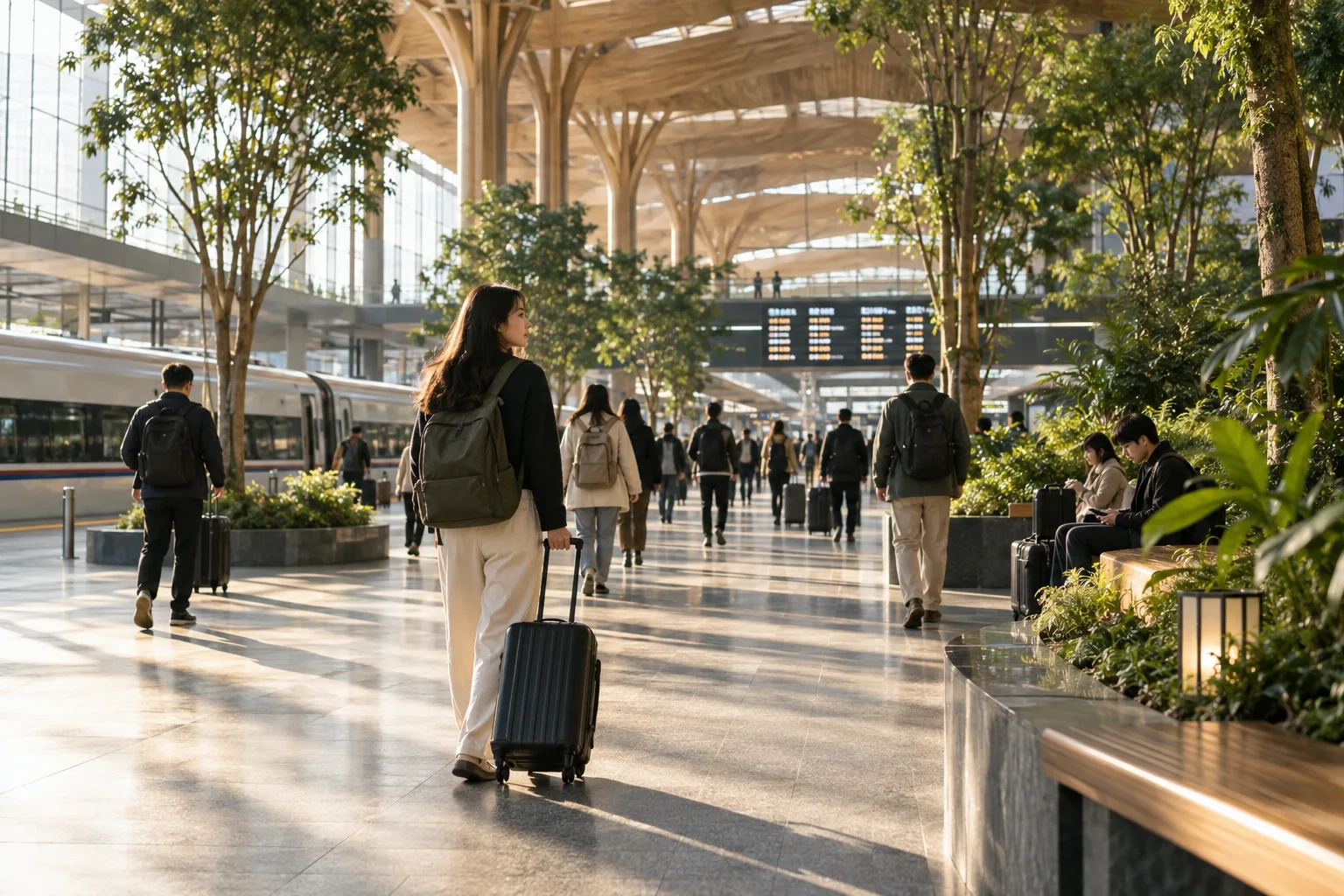 Illustrative scene of travellers moving through a planted modern railway terminal with timber architecture