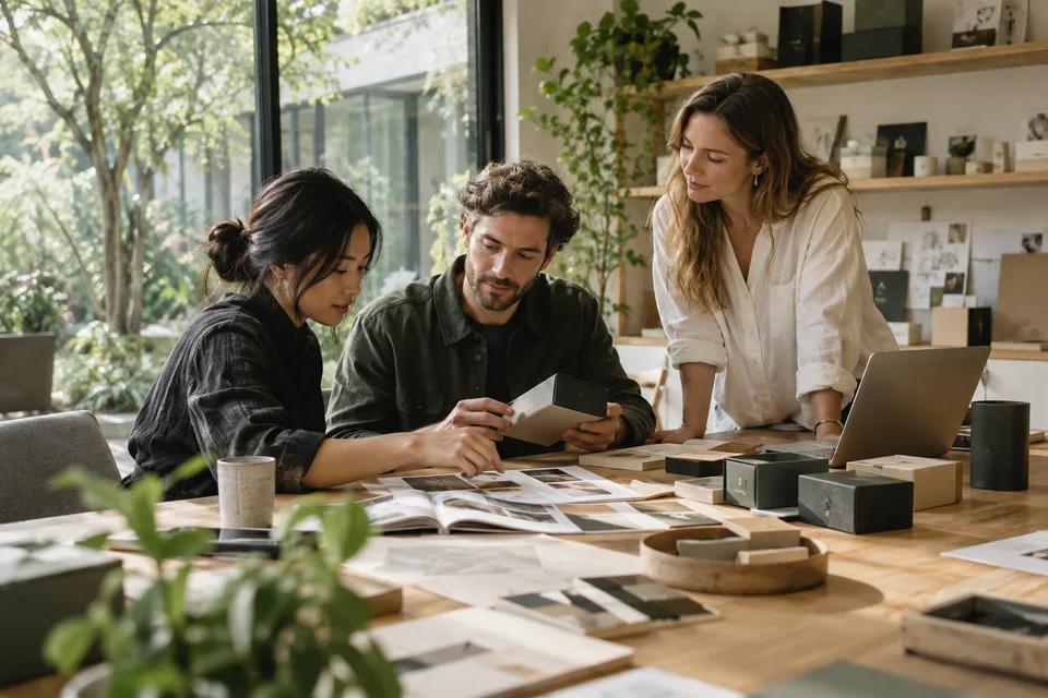 Illustrative scene of a diverse team reviewing packaging samples and catalogues in a sourcing studio
