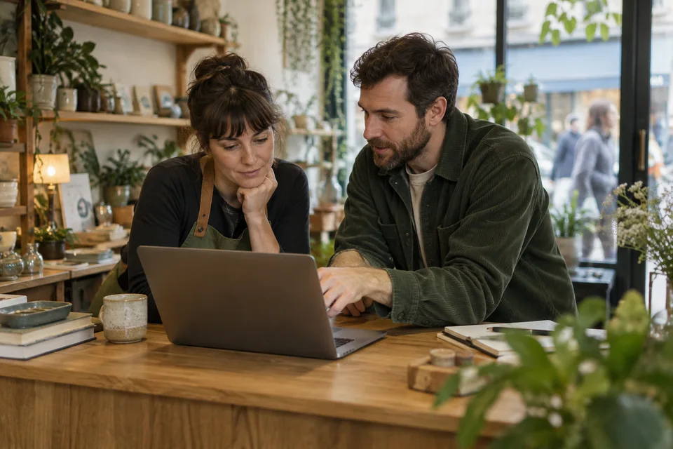 Illustrative scene of a shop owner and marketing specialist reviewing product imagery at an oak counter