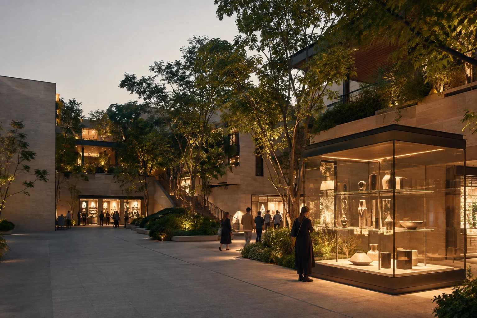 People discovering contemporary shops in a planted courtyard with warm evening light