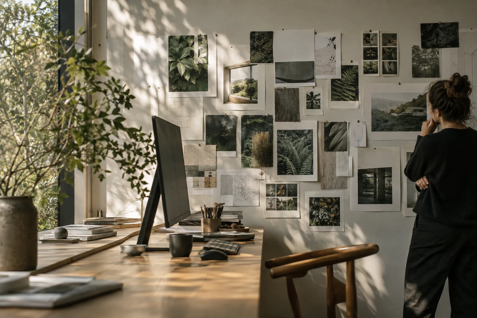 Illustrative studio workspace with paper layouts, botanical studies and a monitor
