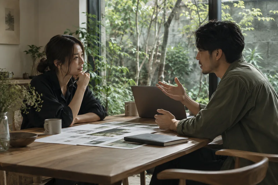 Illustrative scene of two professionals discussing page plans beside a leafy courtyard