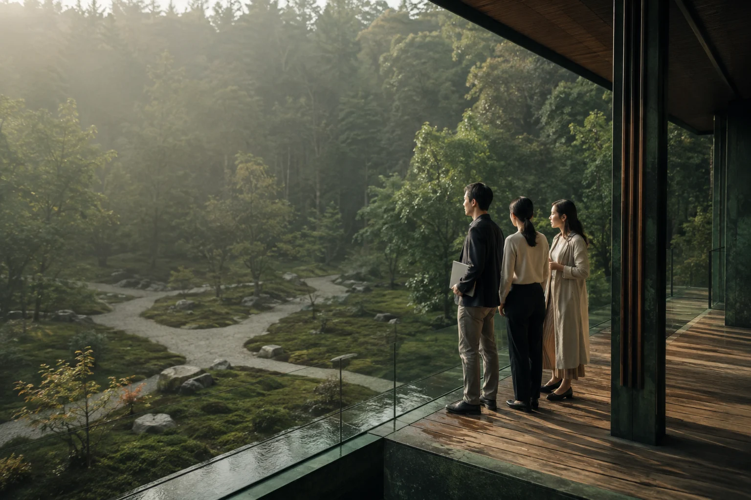 Professionals considering different paths from a quiet timber observation terrace in a moss garden