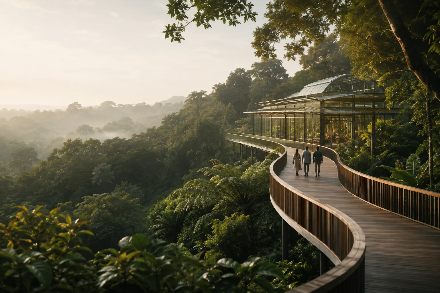 People following a timber pathway through a forest toward a contemporary glass conservatory
