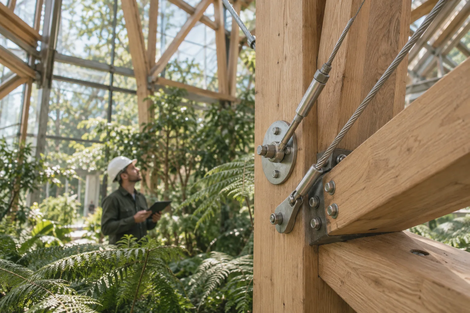 Illustrative architectural detail of timber and steel greenhouse connections with an engineer and plants behind