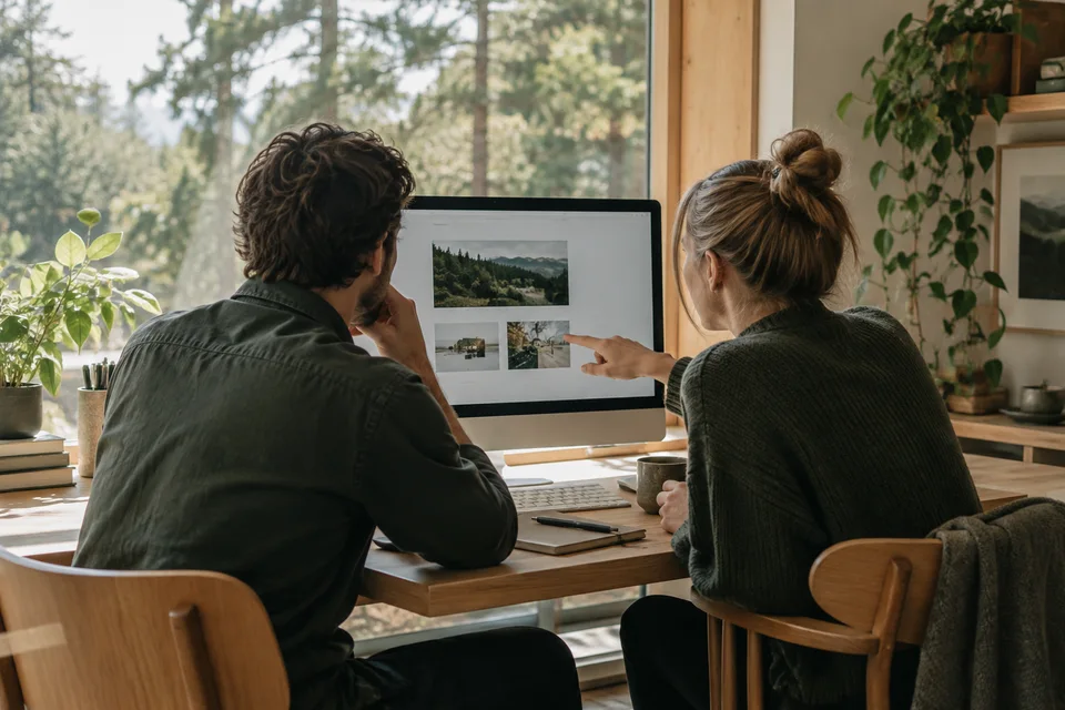 Illustrative scene of two developers reviewing a website in a workspace overlooking trees