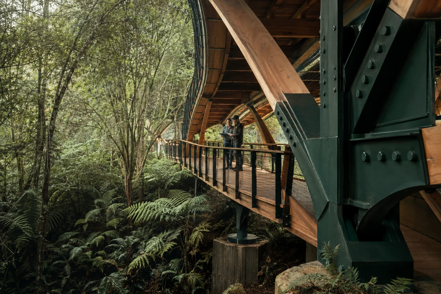 Engineers reviewing the timber and steel structure of a pedestrian bridge beside a fern garden